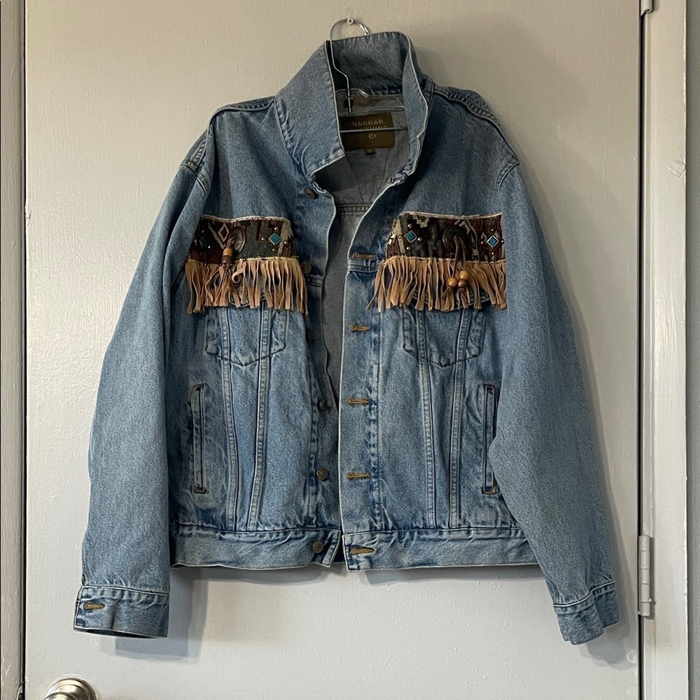 Haggar clothing Co Denim Jacket with Fringe and Embroidery